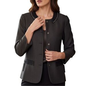 T TAHARI 8 M Gray Gabardine Jewel Neck Jacket Silver Chain Pleats R $398